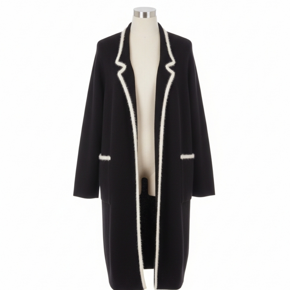 Zara Knit- Black Cardigan/Coat  with White Trim Accents